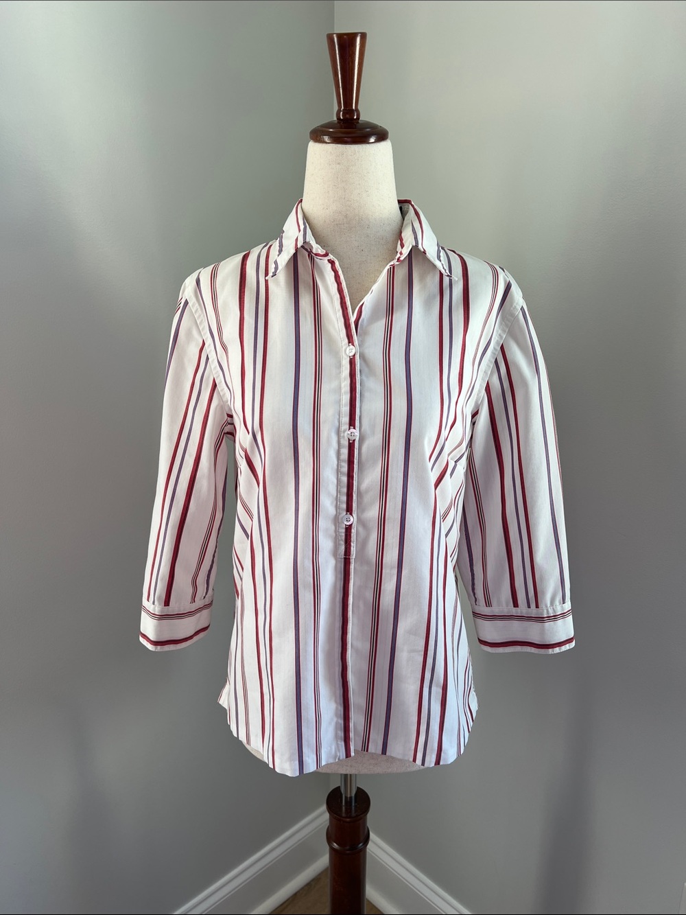 Valerie Stevens | White Blouse with Red and Navy Stripes Size Petite